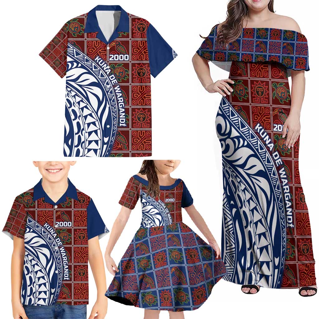 Indigenous Regions of Panama Guna de Wargandí Family Matching Off Shoulder Maxi Dress and Hawaiian Shirt with Tribal Pattern and Blue White Nature and People - Wonder Print Shop