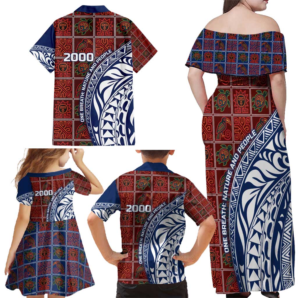 Indigenous Regions of Panama Guna de Wargandí Family Matching Off Shoulder Maxi Dress and Hawaiian Shirt with Tribal Pattern and Blue White Nature and People - Wonder Print Shop