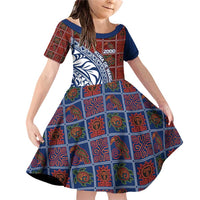 Indigenous Regions of Panama Guna de Wargandí Family Matching Off Shoulder Short Dress and Hawaiian Shirt with Tribal Pattern and Blue White Nature and People - Wonder Print Shop
