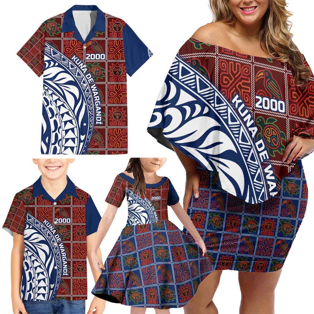 Indigenous Regions of Panama Guna de Wargandí Family Matching Off Shoulder Short Dress and Hawaiian Shirt with Tribal Pattern and Blue White Nature and People - Wonder Print Shop