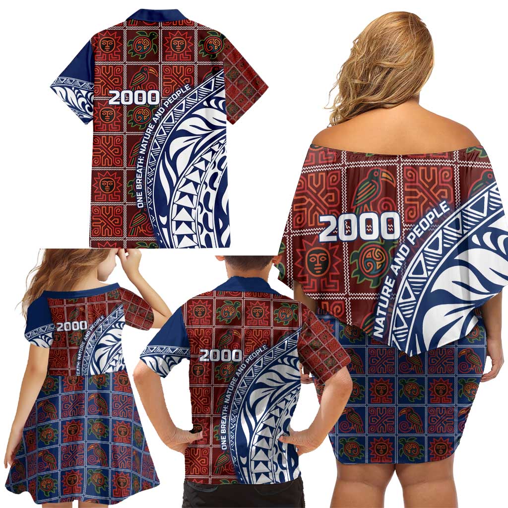 Indigenous Regions of Panama Guna de Wargandí Family Matching Off Shoulder Short Dress and Hawaiian Shirt with Tribal Pattern and Blue White Nature and People - Wonder Print Shop