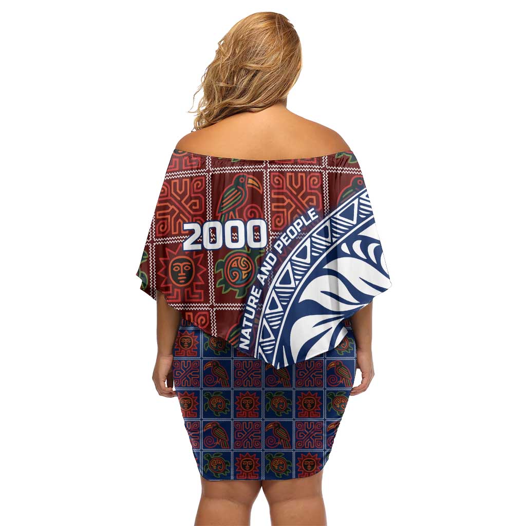 Indigenous Regions of Panama Guna de Wargandí Family Matching Off Shoulder Short Dress and Hawaiian Shirt with Tribal Pattern and Blue White Nature and People - Wonder Print Shop