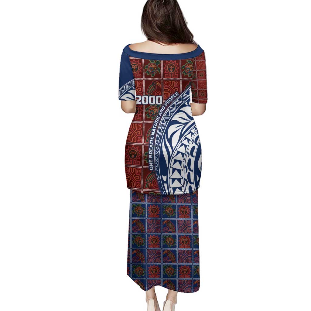 Indigenous Regions of Panama Guna de Wargandí Family Matching Puletasi and Hawaiian Shirt with Tribal Pattern and Blue White Nature and People - Wonder Print Shop