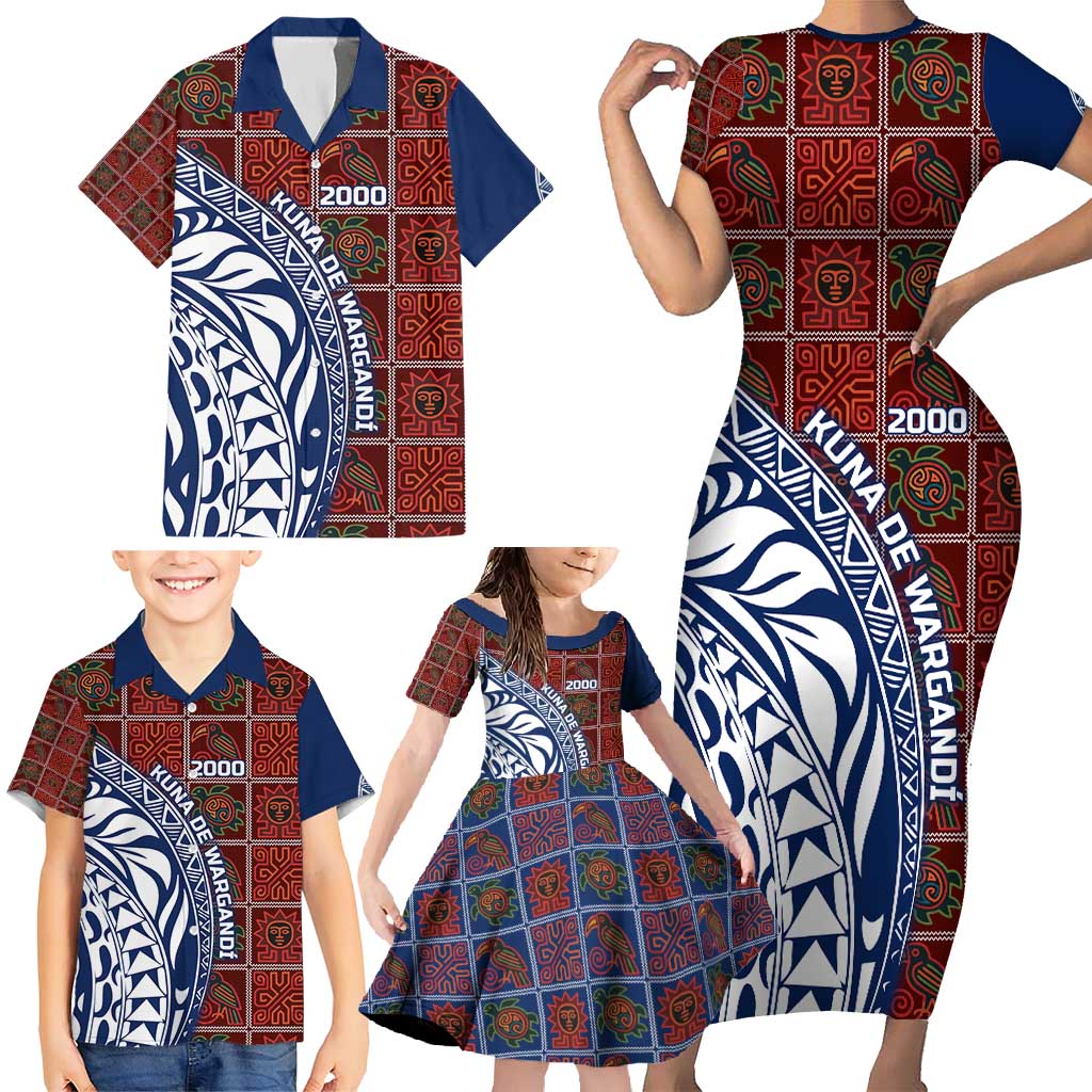 Indigenous Regions of Panama Guna de Wargandí Family Matching Short Sleeve Bodycon Dress and Hawaiian Shirt with Tribal Pattern and Blue White Nature and People - Wonder Print Shop