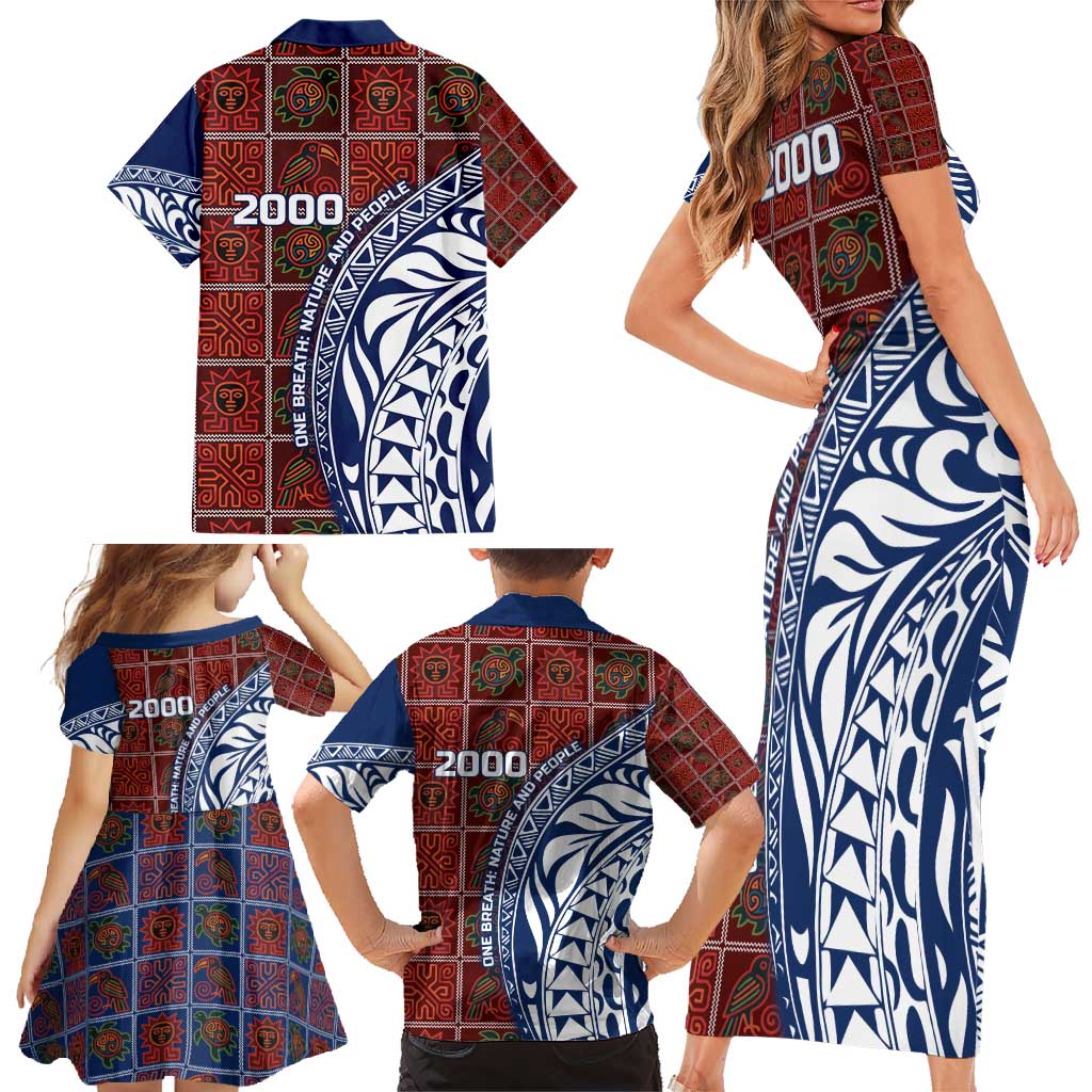 Indigenous Regions of Panama Guna de Wargandí Family Matching Short Sleeve Bodycon Dress and Hawaiian Shirt with Tribal Pattern and Blue White Nature and People - Wonder Print Shop