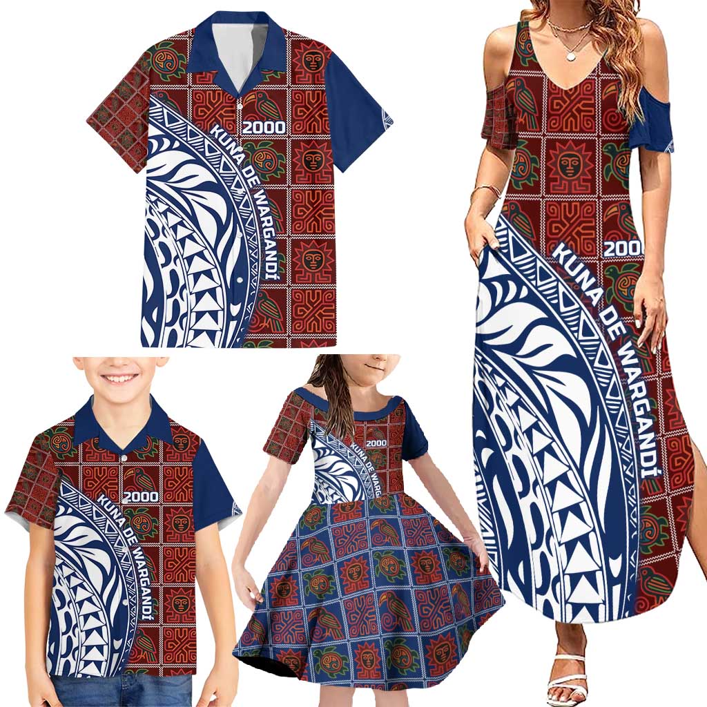 Indigenous Regions of Panama Guna de Wargandí Family Matching Summer Maxi Dress and Hawaiian Shirt with Tribal Pattern and Blue White Nature and People - Wonder Print Shop