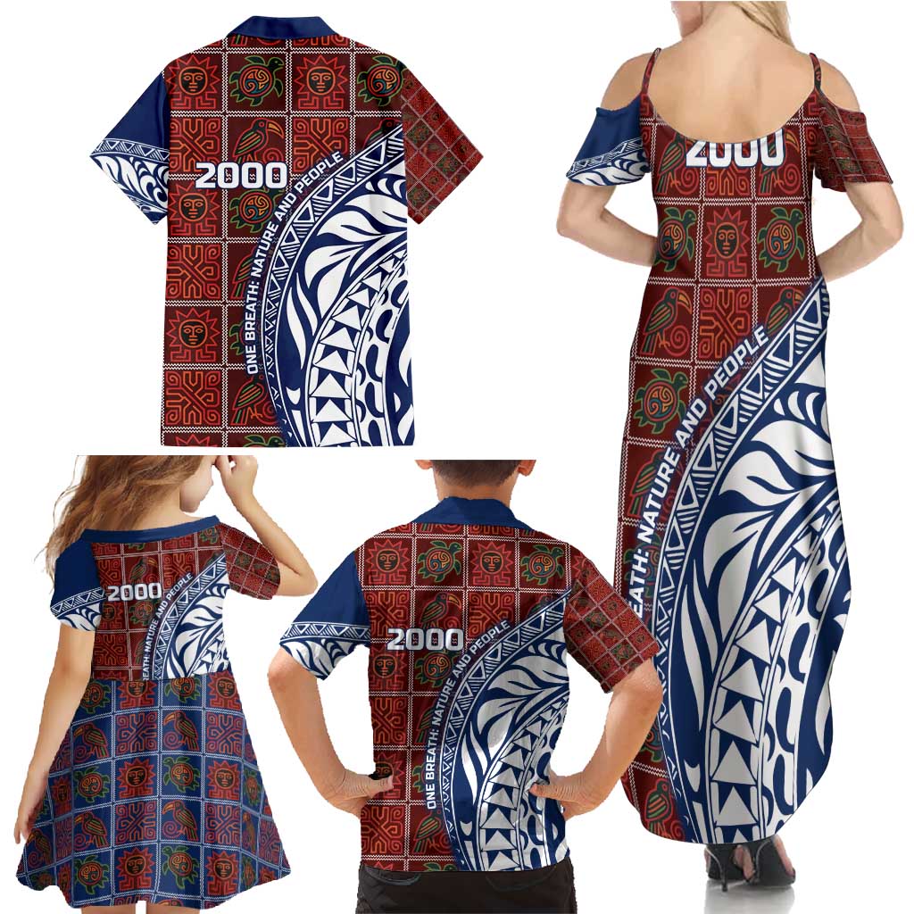 Indigenous Regions of Panama Guna de Wargandí Family Matching Summer Maxi Dress and Hawaiian Shirt with Tribal Pattern and Blue White Nature and People - Wonder Print Shop