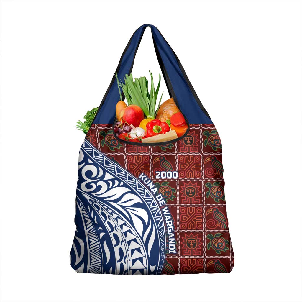 Indigenous Regions of Panama Guna de Wargandí Grocery Bag with Tribal Pattern and Blue White Nature and People - Wonder Print Shop