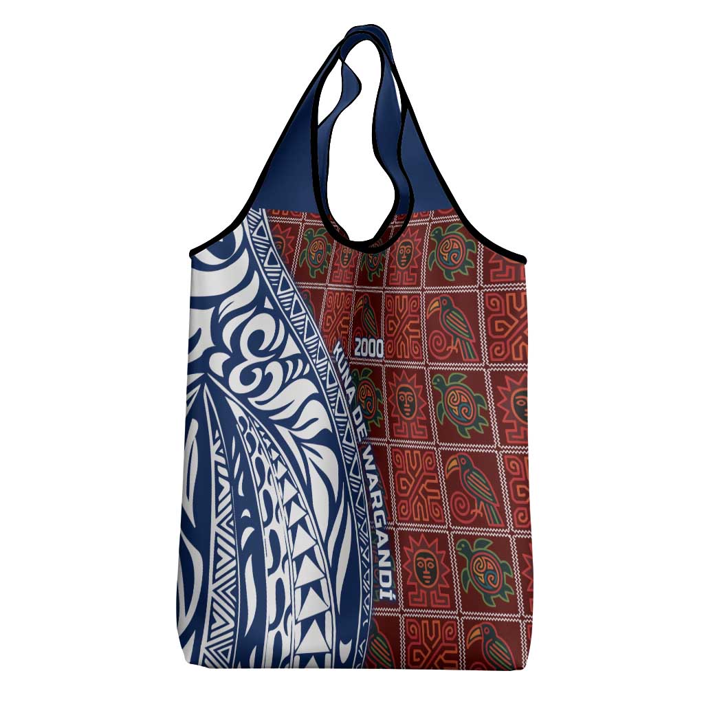 Indigenous Regions of Panama Guna de Wargandí Grocery Bag with Tribal Pattern and Blue White Nature and People - Wonder Print Shop