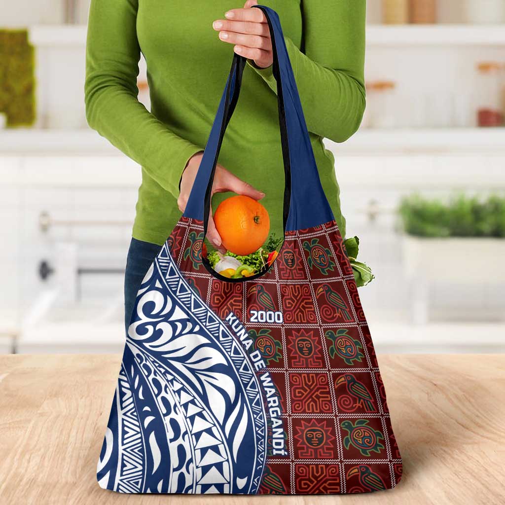 Indigenous Regions of Panama Guna de Wargandí Grocery Bag with Tribal Pattern and Blue White Nature and People - Wonder Print Shop