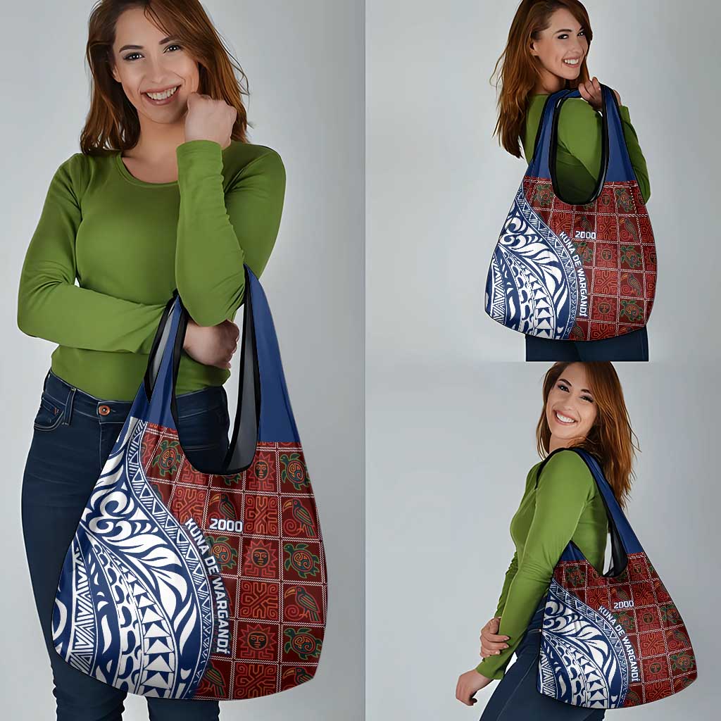 Indigenous Regions of Panama Guna de Wargandí Grocery Bag with Tribal Pattern and Blue White Nature and People - Wonder Print Shop