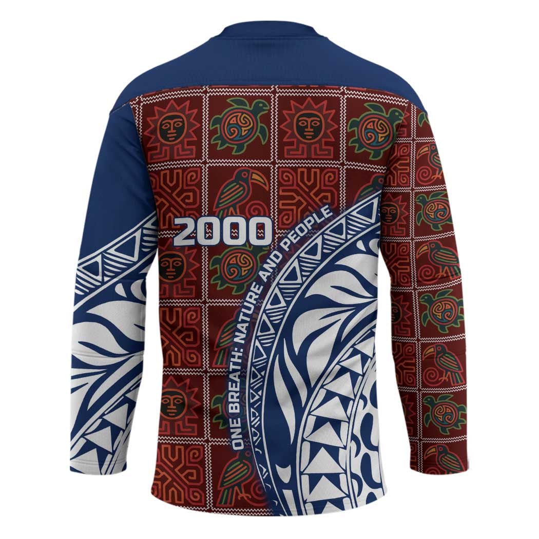 Indigenous Regions of Panama Guna de Wargandí Hockey Jersey with Tribal Pattern and Blue White Nature and People - Wonder Print Shop