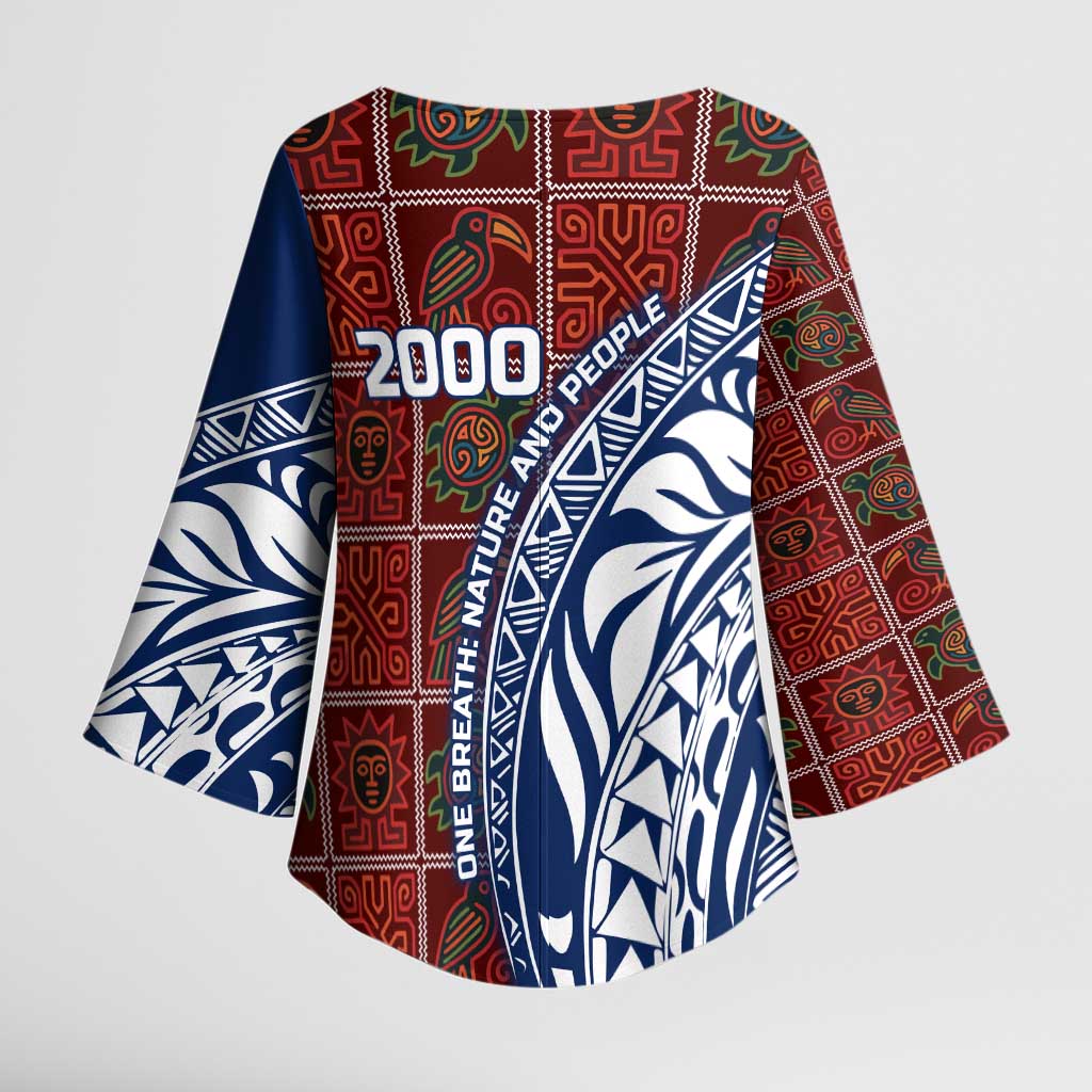 Indigenous Regions of Panama Guna de Wargandí Kimono Sleeve Blouse with Tribal Pattern and Blue White Nature and People - Wonder Print Shop