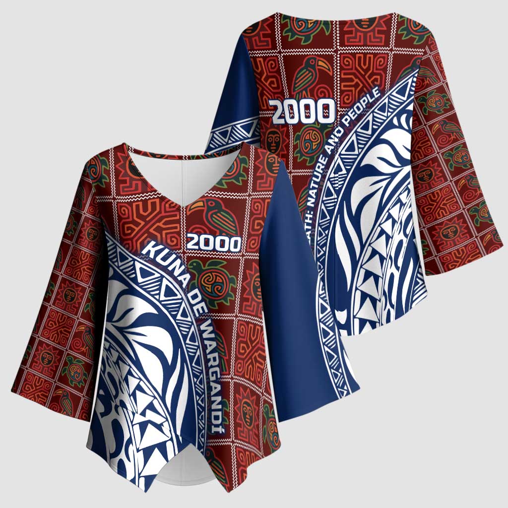 Indigenous Regions of Panama Guna de Wargandí Kimono Sleeve Blouse with Tribal Pattern and Blue White Nature and People - Wonder Print Shop