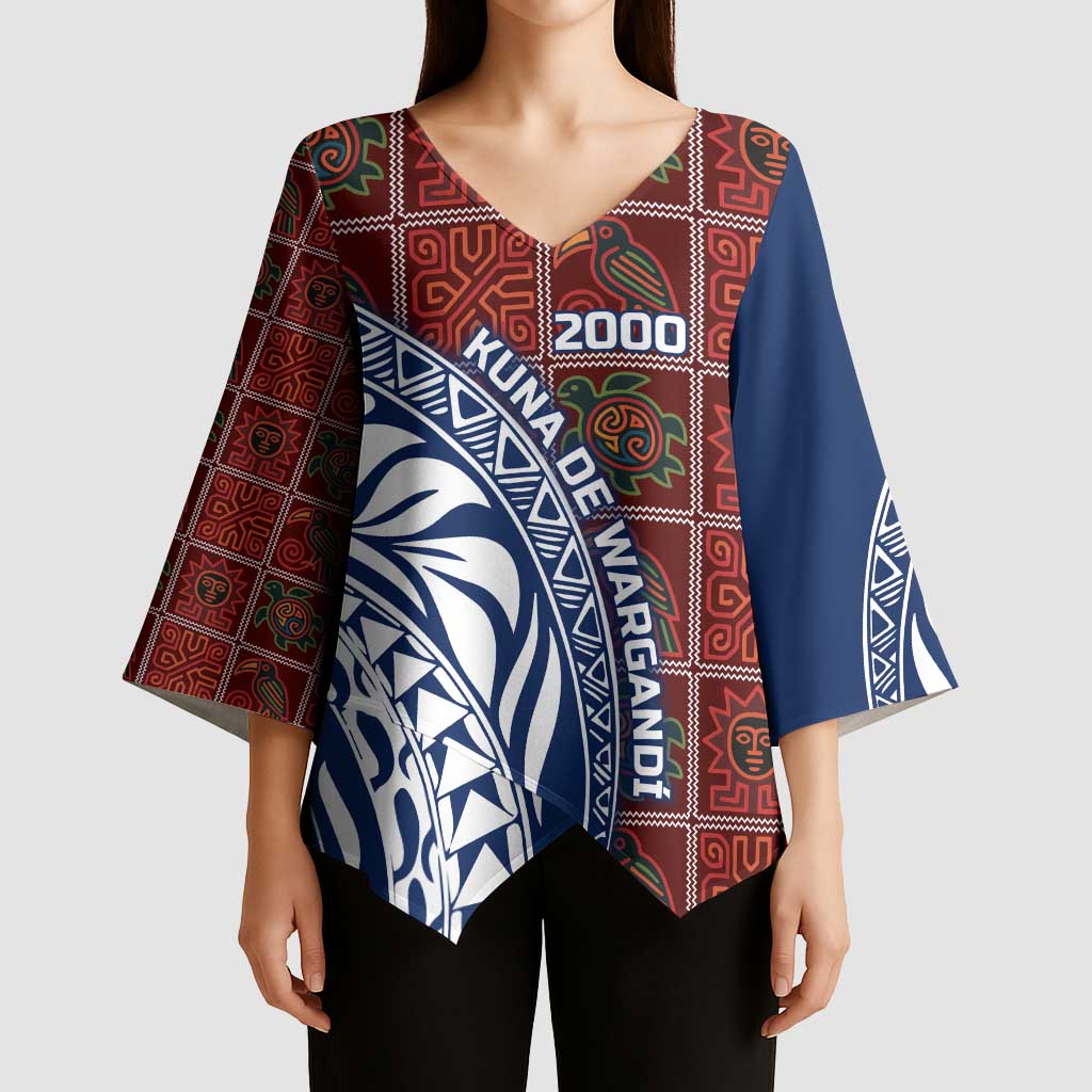 Indigenous Regions of Panama Guna de Wargandí Kimono Sleeve Blouse with Tribal Pattern and Blue White Nature and People - Wonder Print Shop