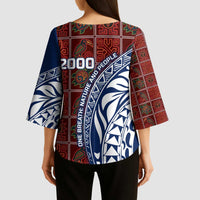 Indigenous Regions of Panama Guna de Wargandí Kimono Sleeve Blouse with Tribal Pattern and Blue White Nature and People - Wonder Print Shop