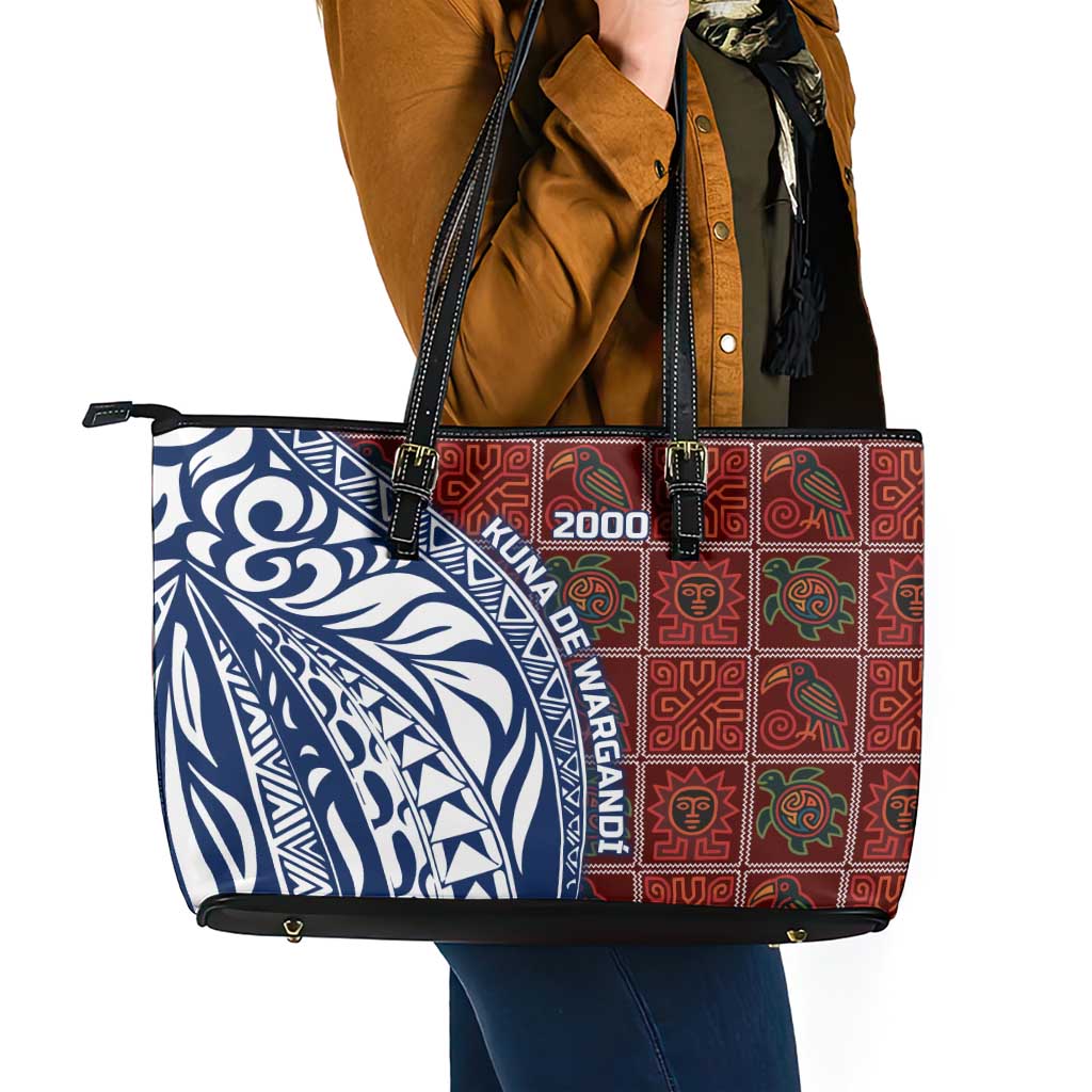 Indigenous Regions of Panama Guna de Wargandí Leather Tote Bag with Tribal Pattern and Blue White Nature and People - Wonder Print Shop