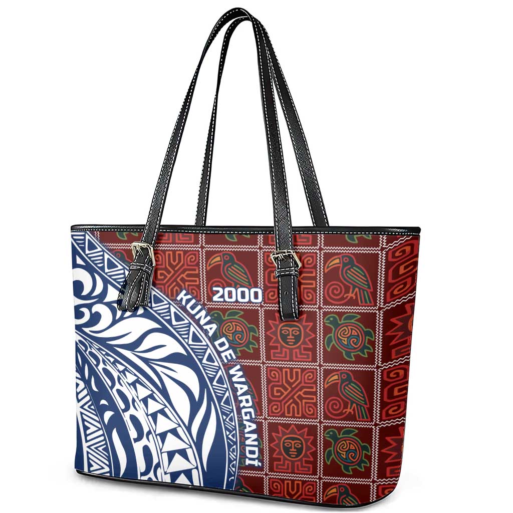 Indigenous Regions of Panama Guna de Wargandí Leather Tote Bag with Tribal Pattern and Blue White Nature and People - Wonder Print Shop