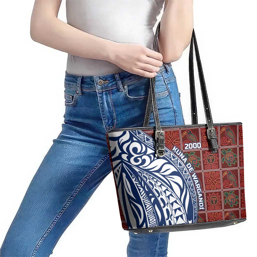 Indigenous Regions of Panama Guna de Wargandí Leather Tote Bag with Tribal Pattern and Blue White Nature and People - Wonder Print Shop