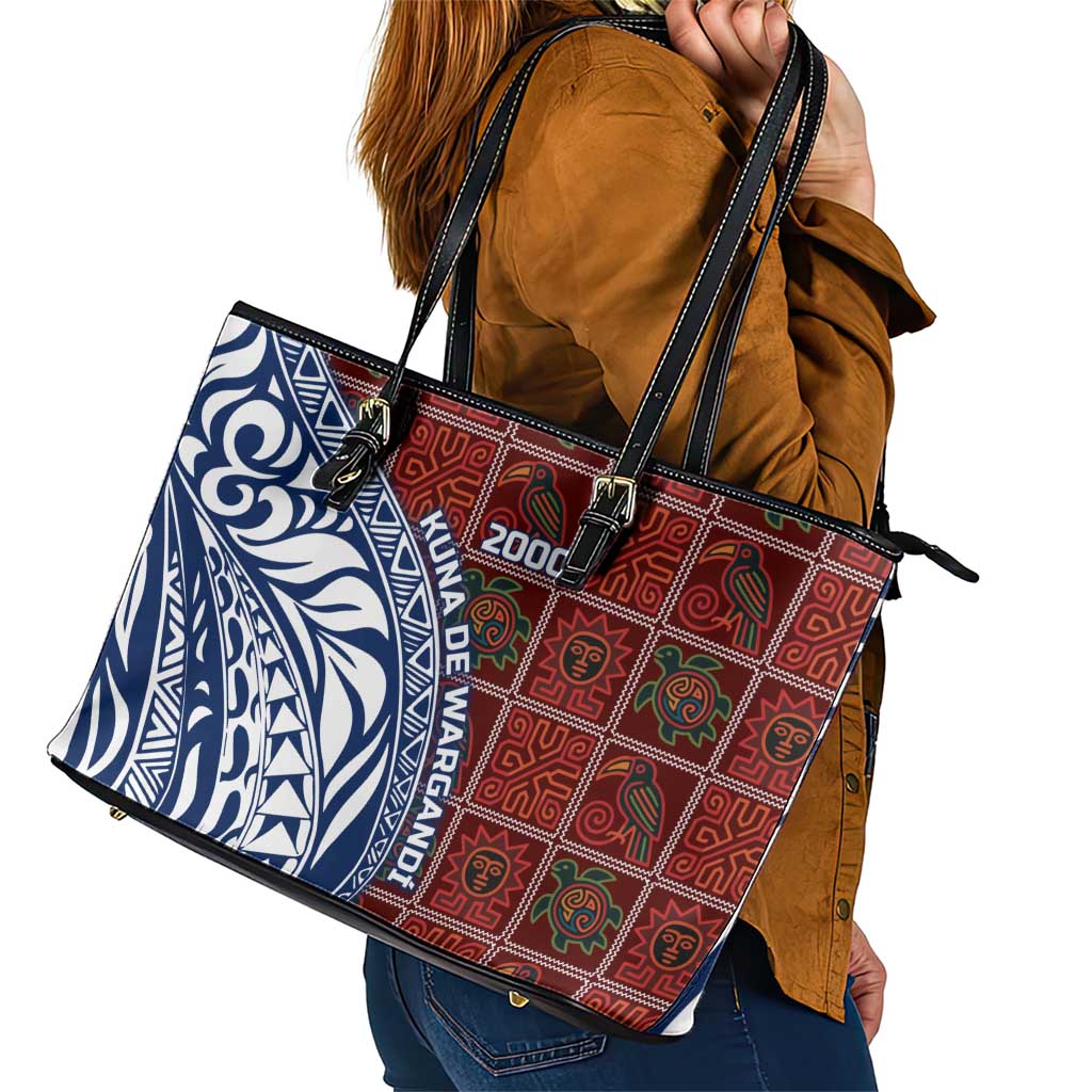 Indigenous Regions of Panama Guna de Wargandí Leather Tote Bag with Tribal Pattern and Blue White Nature and People - Wonder Print Shop
