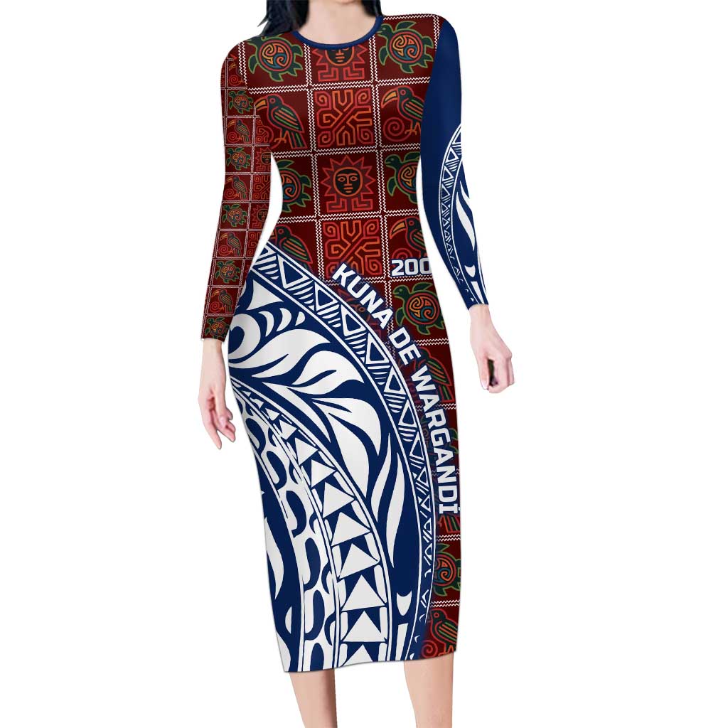 Indigenous Regions of Panama Guna de Wargandí Long Sleeve Bodycon Dress with Tribal Pattern and Blue White Nature and People - Wonder Print Shop