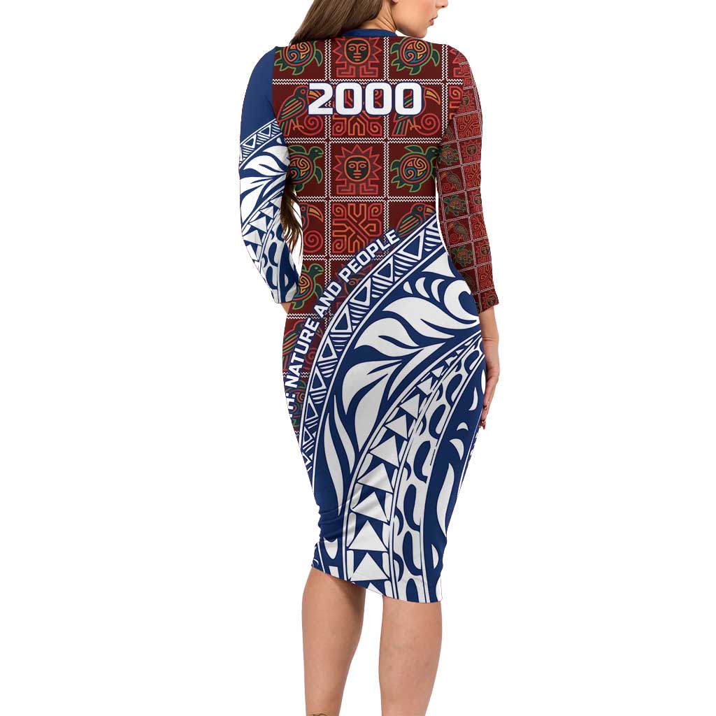 Indigenous Regions of Panama Guna de Wargandí Long Sleeve Bodycon Dress with Tribal Pattern and Blue White Nature and People - Wonder Print Shop