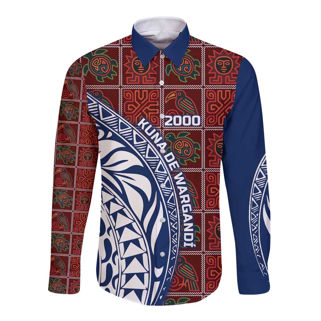 Indigenous Regions of Panama Guna de Wargandí Long Sleeve Button Shirt with Tribal Pattern and Blue White Nature and People - Wonder Print Shop