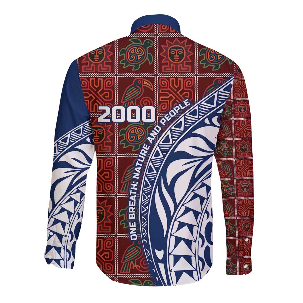 Indigenous Regions of Panama Guna de Wargandí Long Sleeve Button Shirt with Tribal Pattern and Blue White Nature and People - Wonder Print Shop