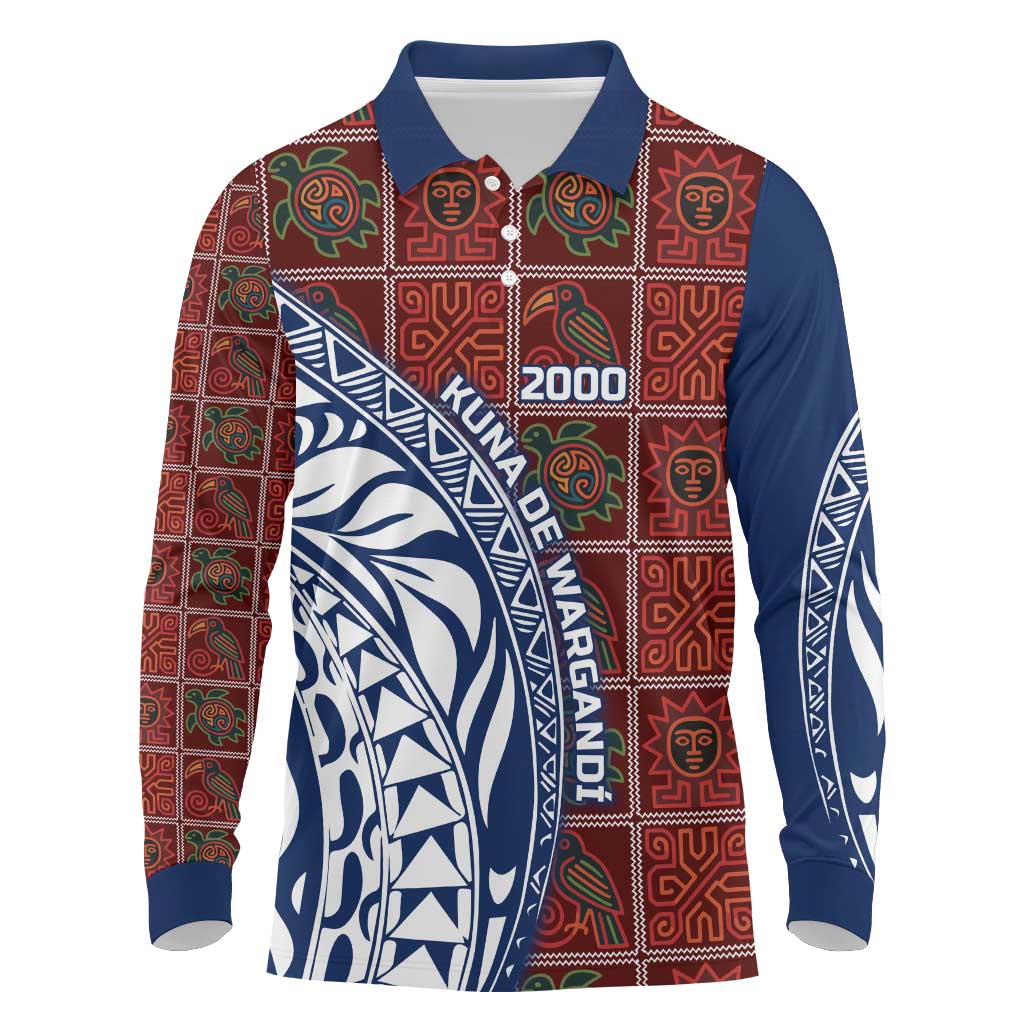 Indigenous Regions of Panama Guna de Wargandí Long Sleeve Polo Shirt with Tribal Pattern and Blue White Nature and People - Wonder Print Shop