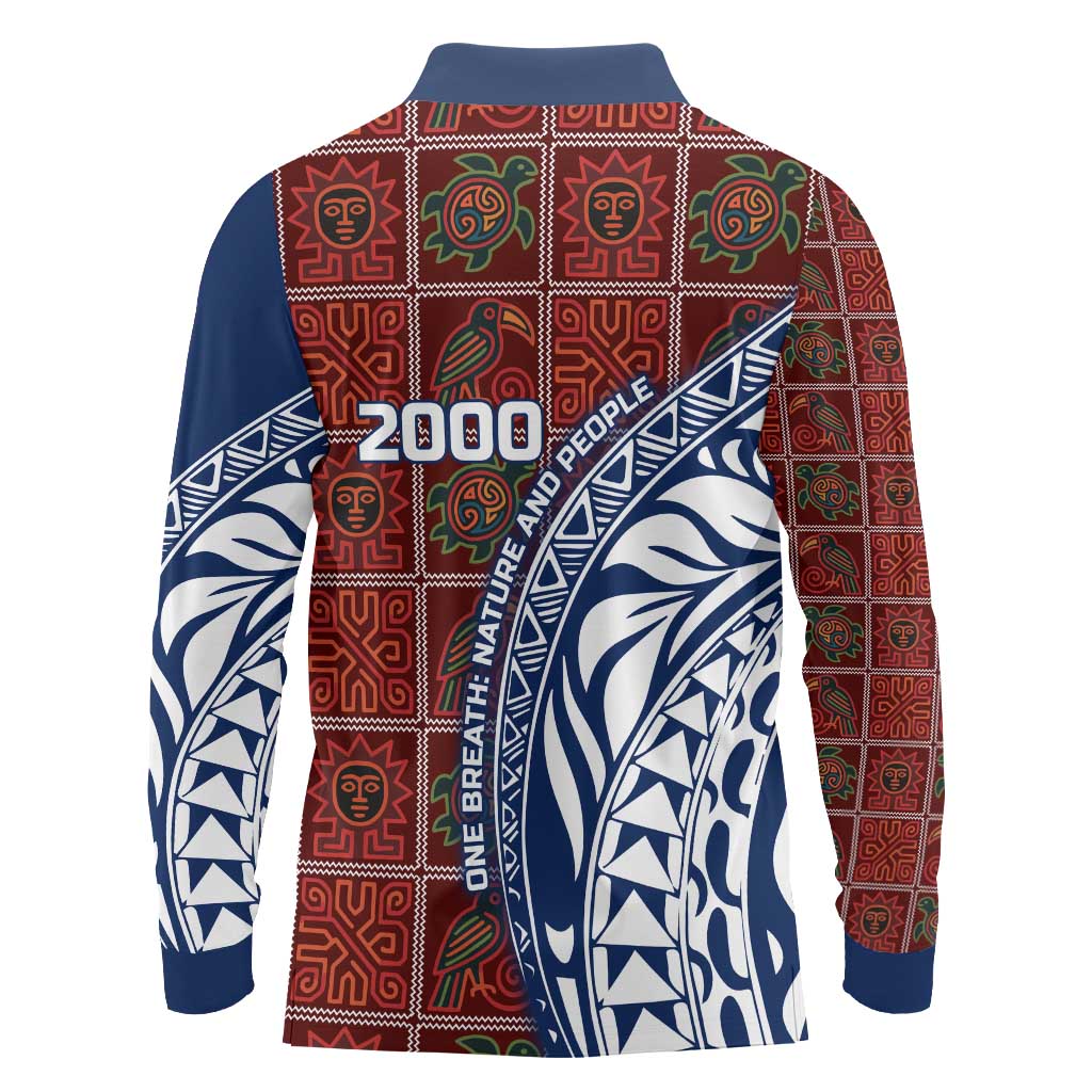 Indigenous Regions of Panama Guna de Wargandí Long Sleeve Polo Shirt with Tribal Pattern and Blue White Nature and People - Wonder Print Shop