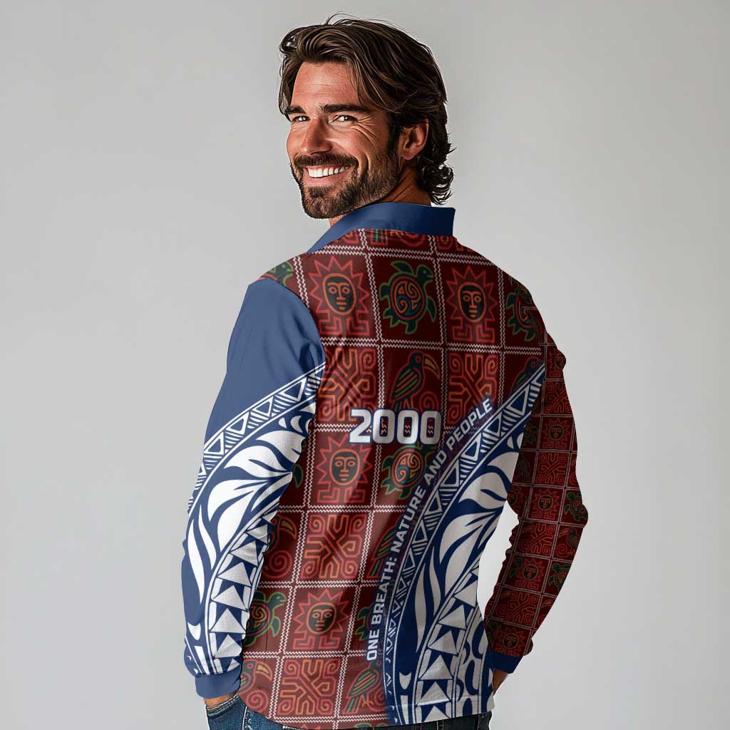 Indigenous Regions of Panama Guna de Wargandí Long Sleeve Polo Shirt with Tribal Pattern and Blue White Nature and People - Wonder Print Shop