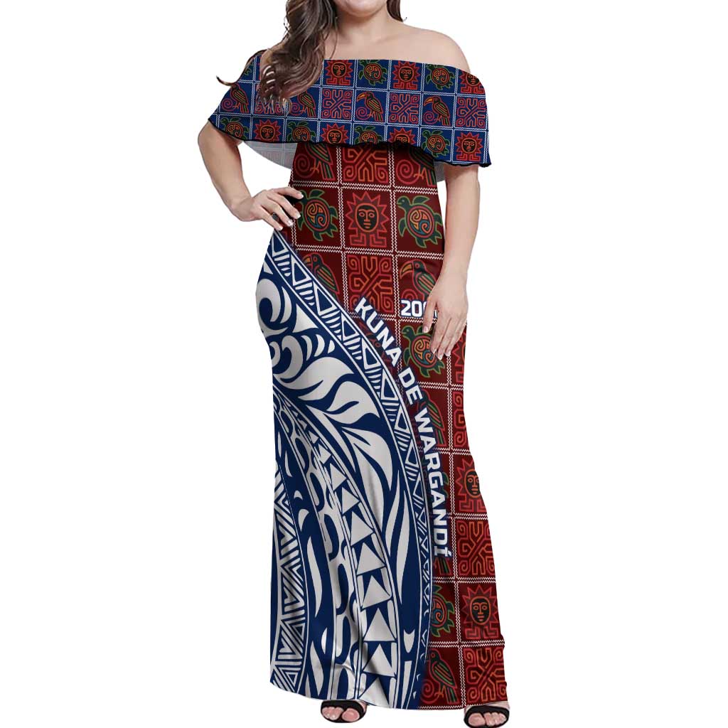 Indigenous Regions of Panama Guna de Wargandí Off Shoulder Maxi Dress with Tribal Pattern and Blue White Nature and People - Wonder Print Shop