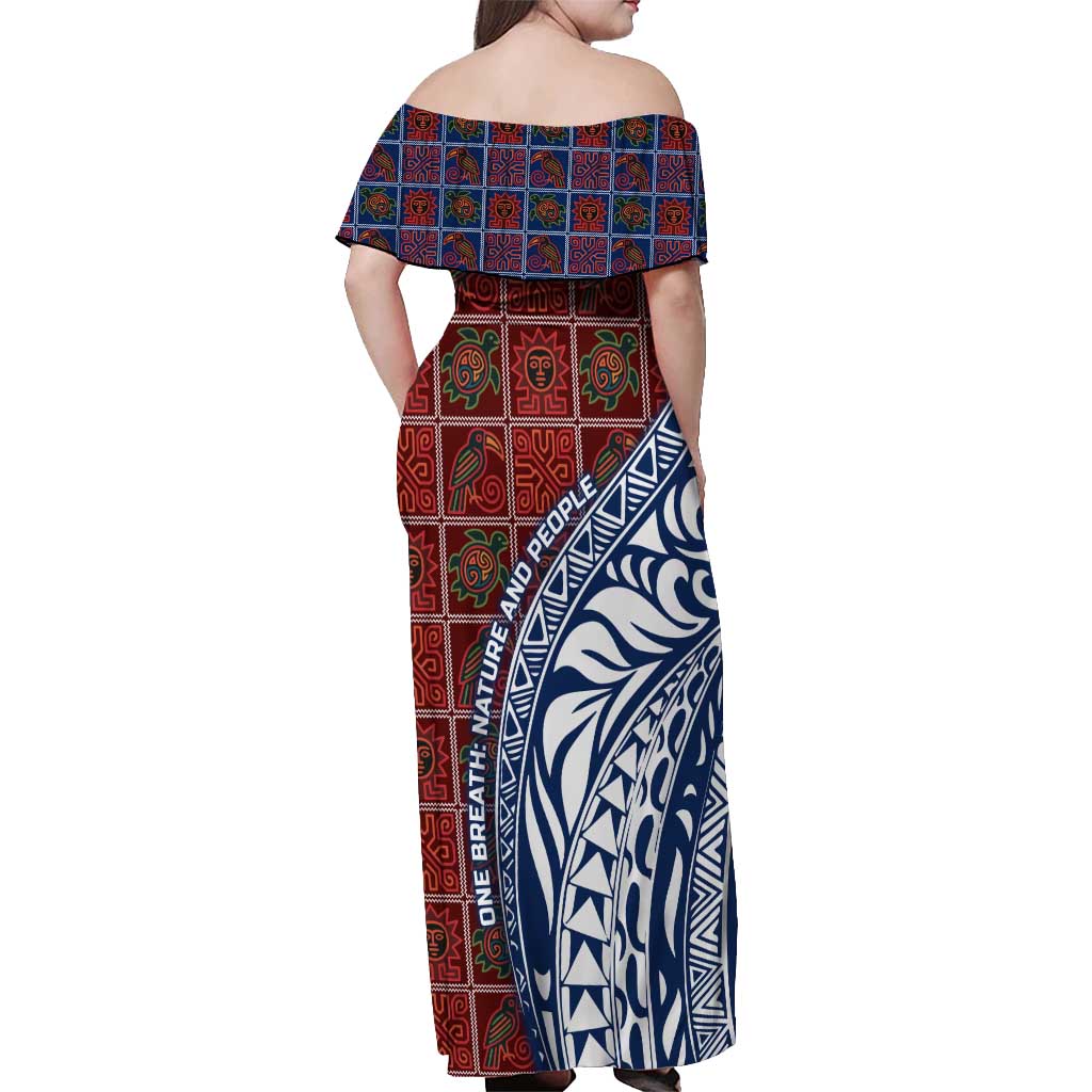 Indigenous Regions of Panama Guna de Wargandí Off Shoulder Maxi Dress with Tribal Pattern and Blue White Nature and People - Wonder Print Shop