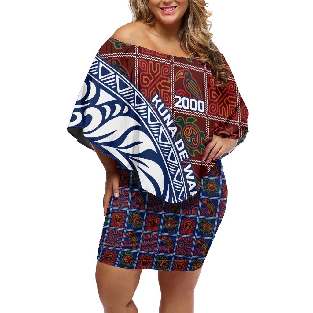 Indigenous Regions of Panama Guna de Wargandí Off Shoulder Short Dress with Tribal Pattern and Blue White Nature and People - Wonder Print Shop