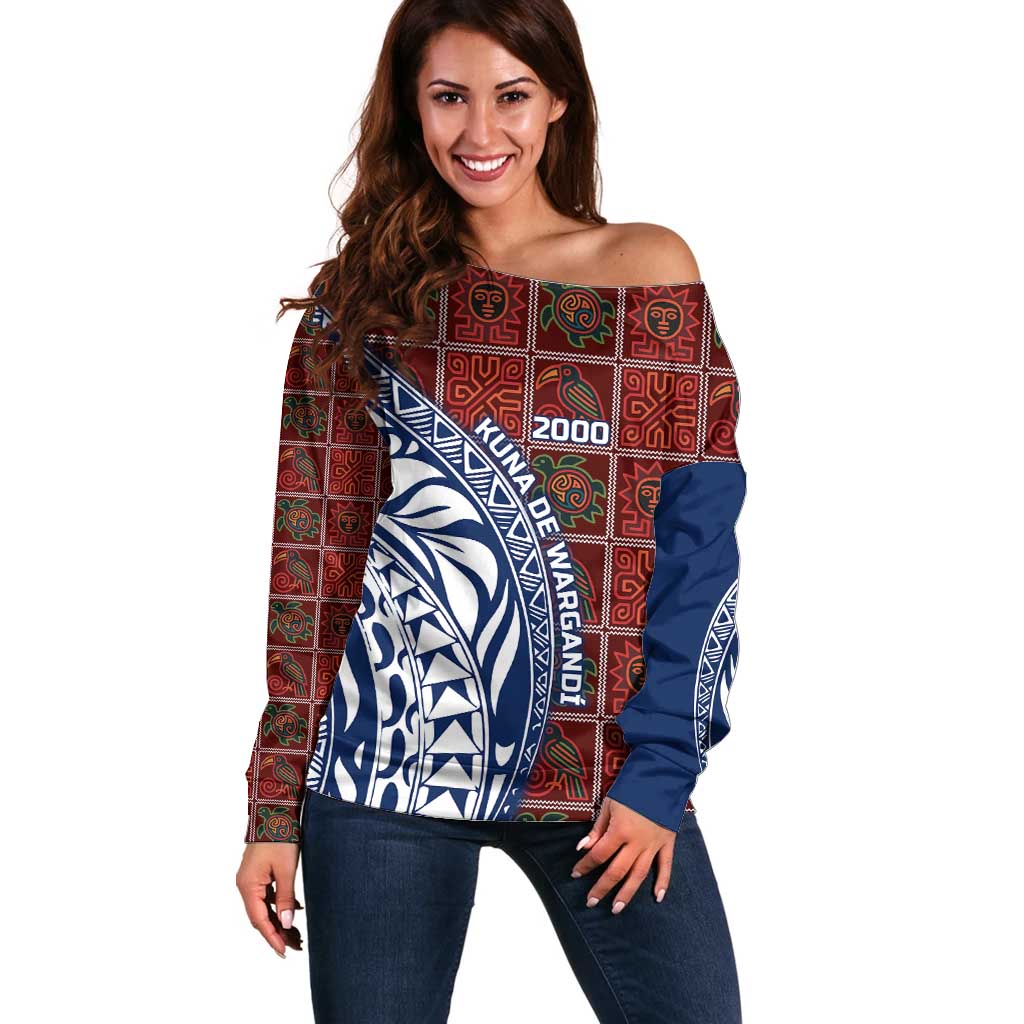 Indigenous Regions of Panama Guna de Wargandí Off Shoulder Sweater with Tribal Pattern and Blue White Nature and People - Wonder Print Shop