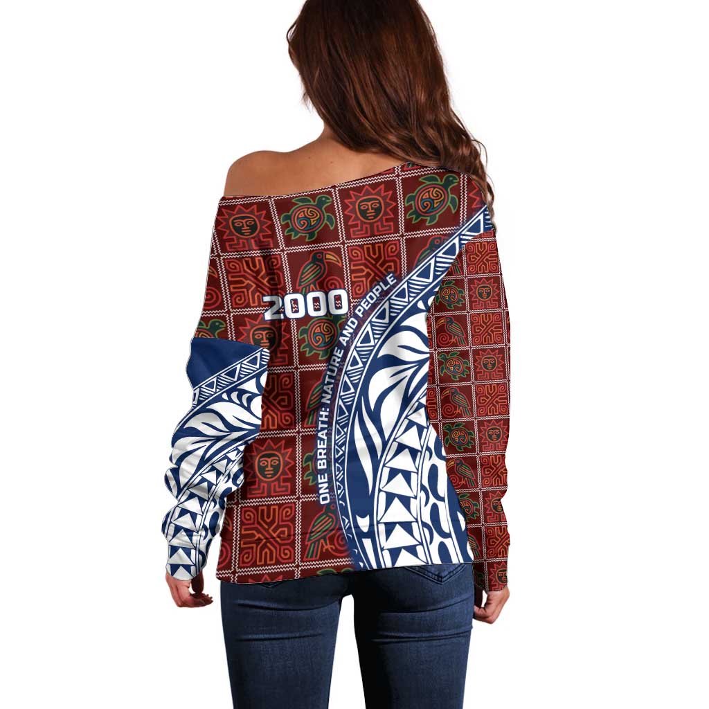 Indigenous Regions of Panama Guna de Wargandí Off Shoulder Sweater with Tribal Pattern and Blue White Nature and People - Wonder Print Shop