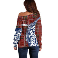 Indigenous Regions of Panama Guna de Wargandí Off Shoulder Sweater with Tribal Pattern and Blue White Nature and People - Wonder Print Shop