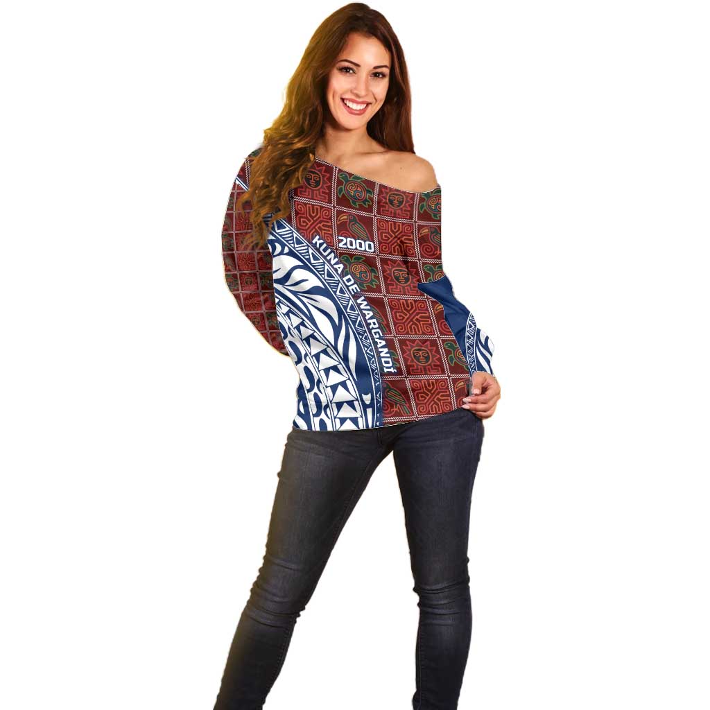 Indigenous Regions of Panama Guna de Wargandí Off Shoulder Sweater with Tribal Pattern and Blue White Nature and People - Wonder Print Shop