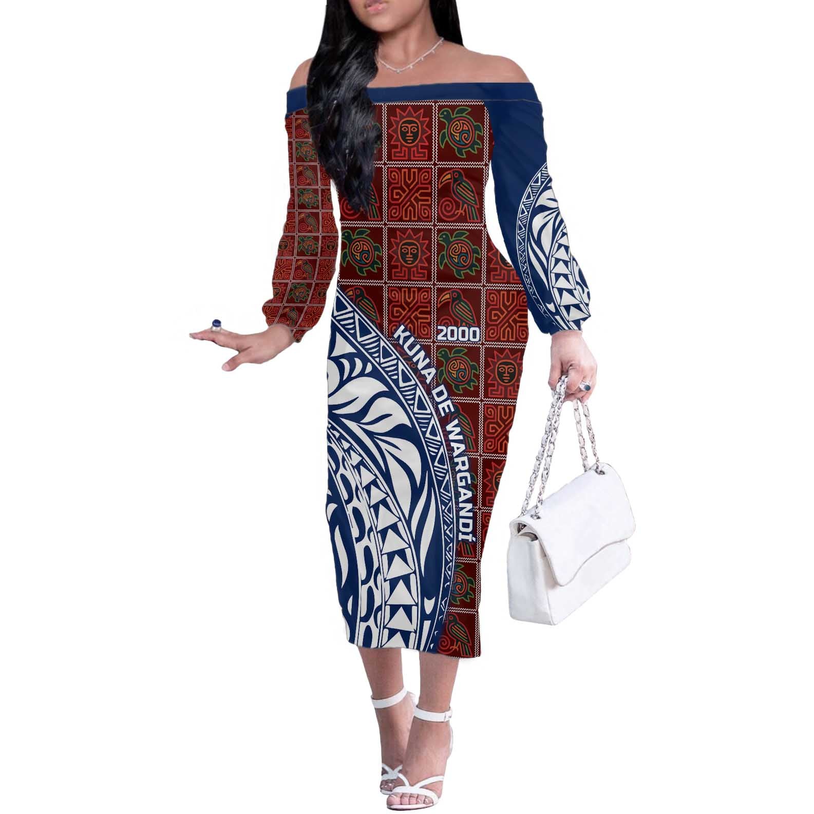 Indigenous Regions of Panama Guna de Wargandí Off The Shoulder Long Sleeve Dress with Tribal Pattern and Blue White Nature and People - Wonder Print Shop