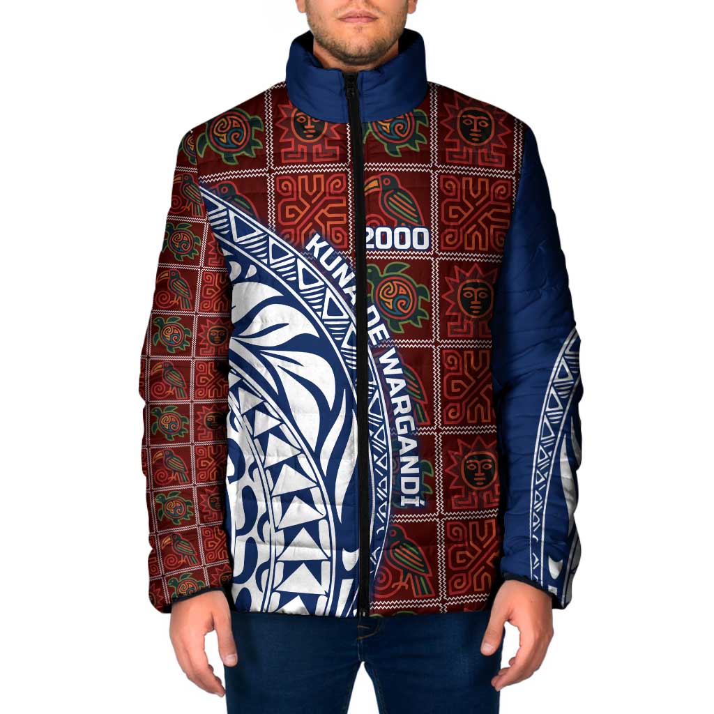 Indigenous Regions of Panama Guna de Wargandí Padded Jacket with Tribal Pattern and Blue White Nature and People - Wonder Print Shop