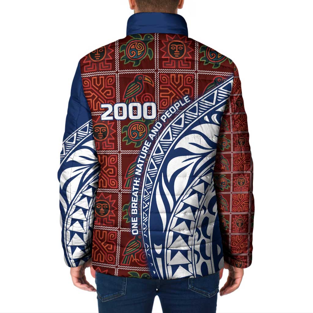 Indigenous Regions of Panama Guna de Wargandí Padded Jacket with Tribal Pattern and Blue White Nature and People - Wonder Print Shop