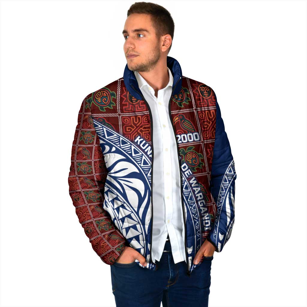 Indigenous Regions of Panama Guna de Wargandí Padded Jacket with Tribal Pattern and Blue White Nature and People - Wonder Print Shop