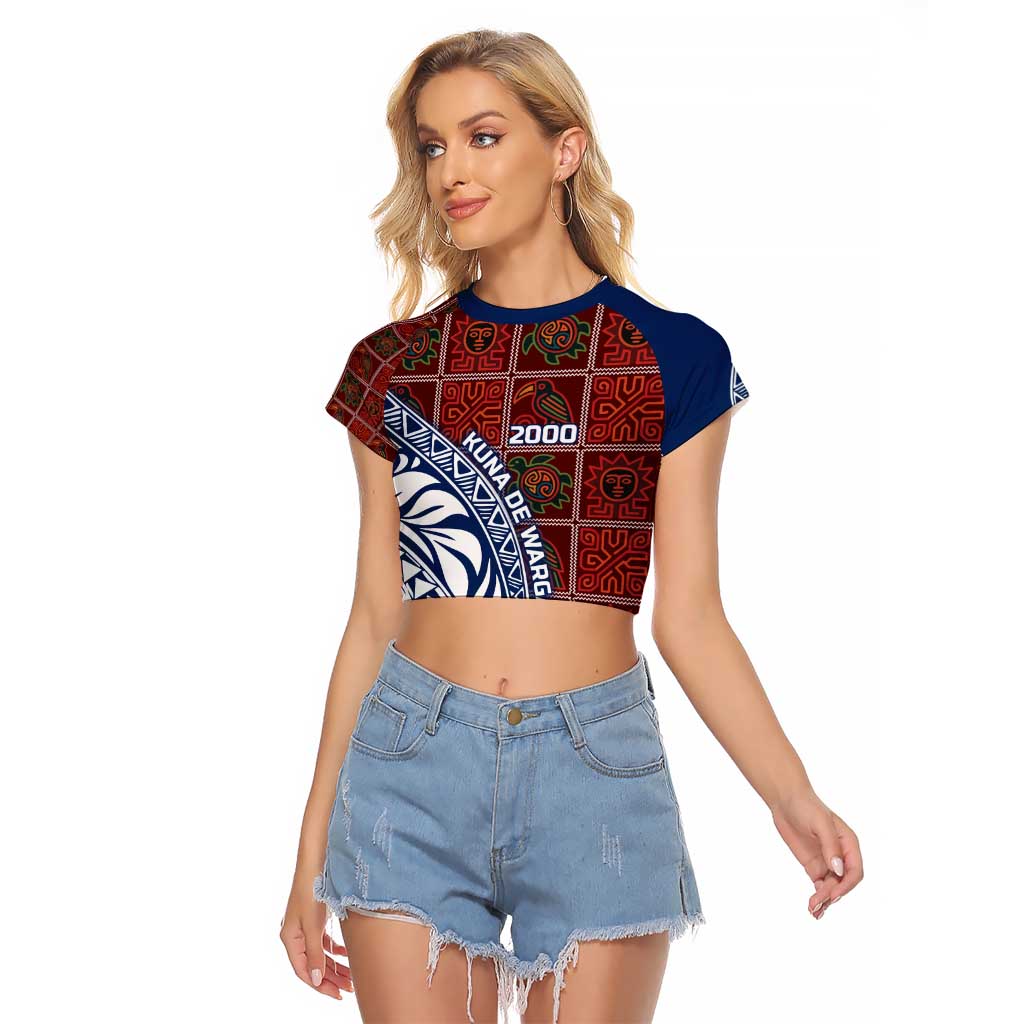Indigenous Regions of Panama Guna de Wargandí Raglan Cropped T Shirt with Tribal Pattern and Blue White Nature and People - Wonder Print Shop