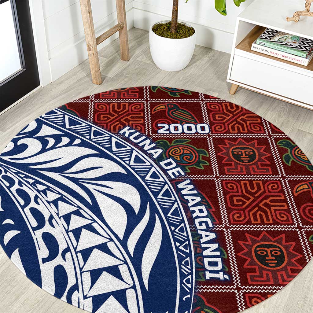 Indigenous Regions of Panama Guna de Wargandí Round Carpet with Tribal Pattern and Blue White Nature and People - Wonder Print Shop