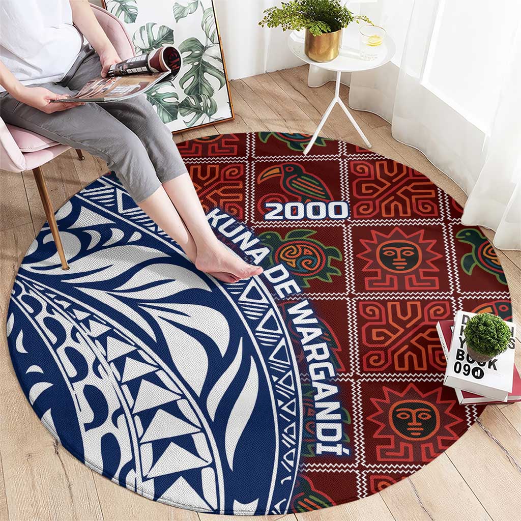 Indigenous Regions of Panama Guna de Wargandí Round Carpet with Tribal Pattern and Blue White Nature and People - Wonder Print Shop