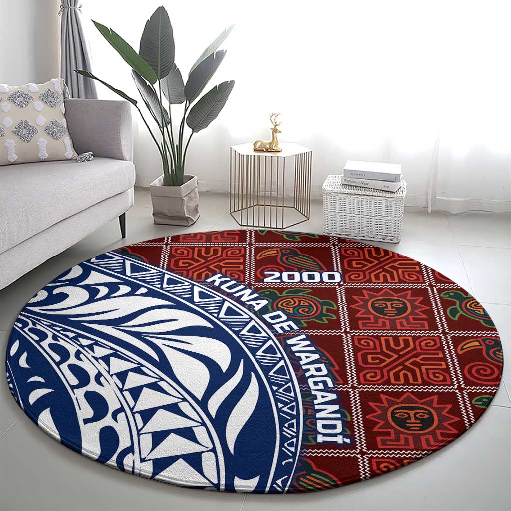 Indigenous Regions of Panama Guna de Wargandí Round Carpet with Tribal Pattern and Blue White Nature and People - Wonder Print Shop