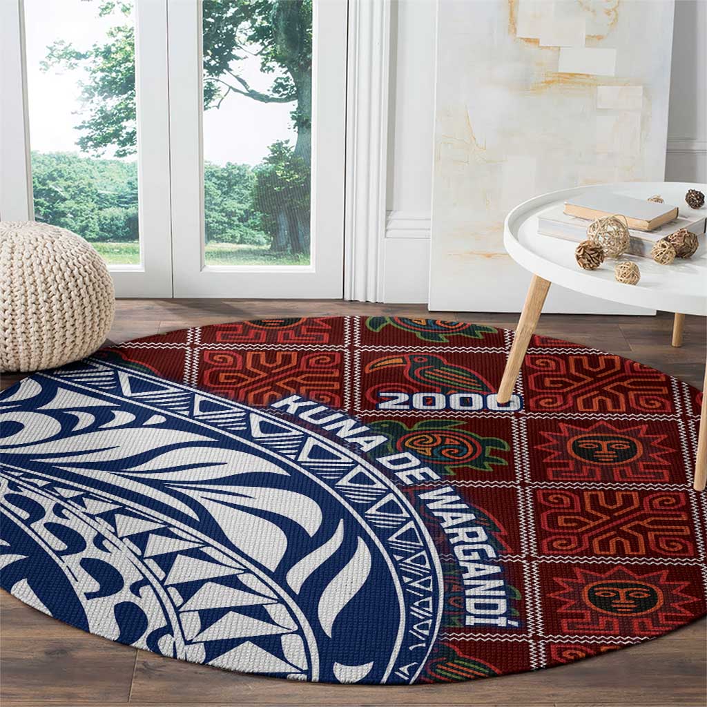 Indigenous Regions of Panama Guna de Wargandí Round Carpet with Tribal Pattern and Blue White Nature and People - Wonder Print Shop