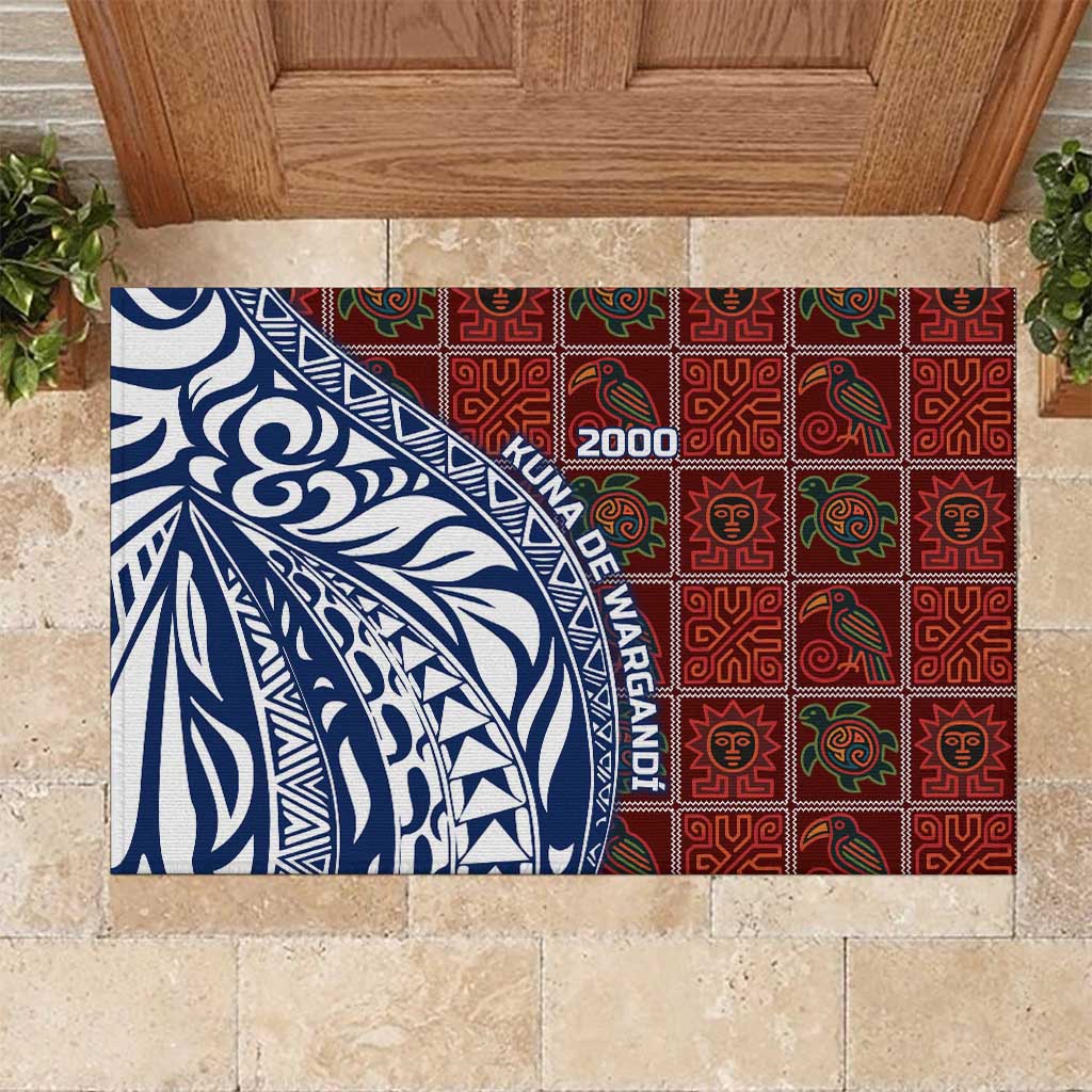 Indigenous Regions of Panama Guna de Wargandí Rubber Doormat with Tribal Pattern and Blue White Nature and People - Wonder Print Shop