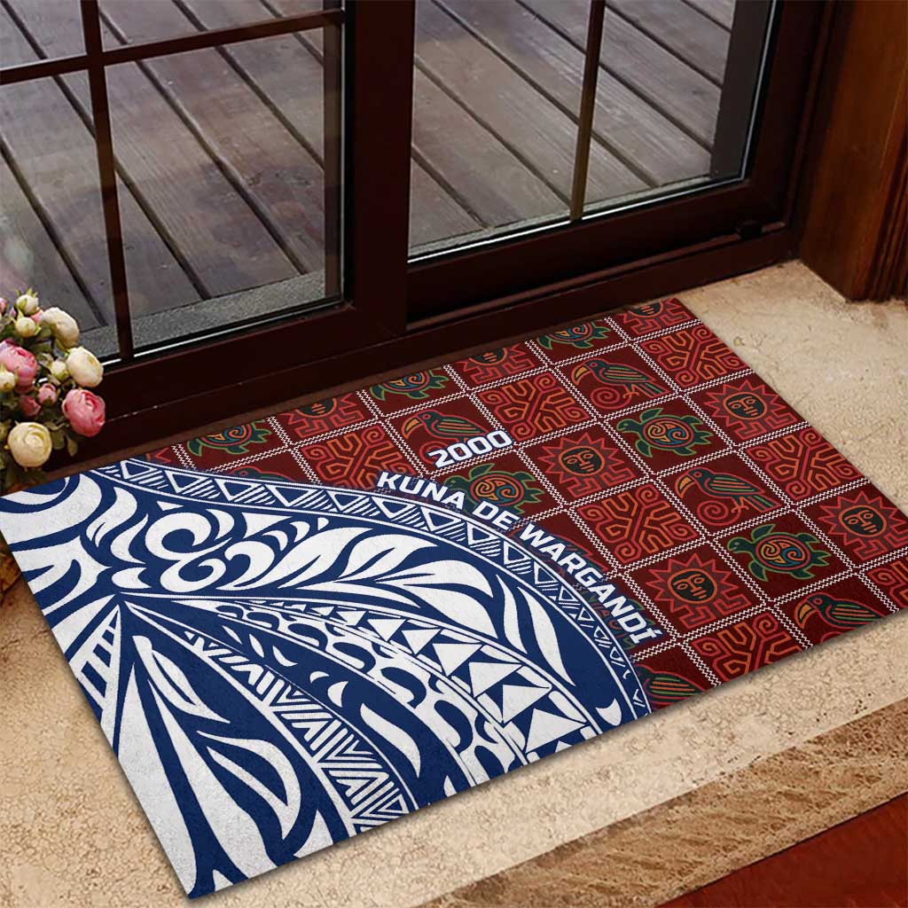 Indigenous Regions of Panama Guna de Wargandí Rubber Doormat with Tribal Pattern and Blue White Nature and People - Wonder Print Shop
