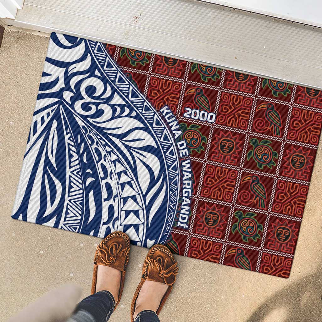 Indigenous Regions of Panama Guna de Wargandí Rubber Doormat with Tribal Pattern and Blue White Nature and People - Wonder Print Shop